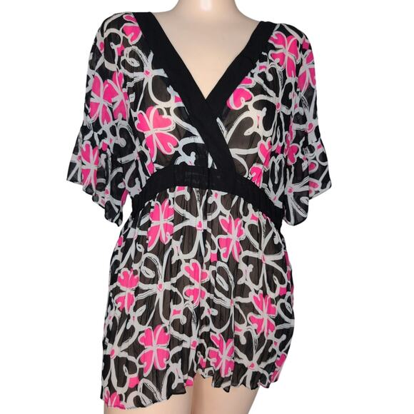 VTG Y2K Sheer Chiffon Empire Waist Top Large Floral Whimsigoth Fairy Grunge Boho - Picture 1 of 5